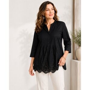 Chico's Black Pintuck Lace Hem Tunic Blouse Size 2.5 Large